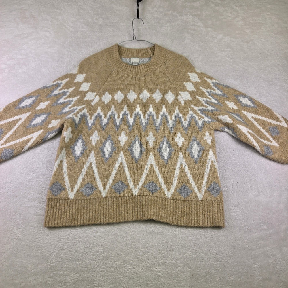 A New Day Tan White Grey Geometric Intarsia Knit Crewneck Sweater Medium